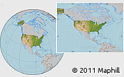 Satellite Location Map of United States, gray outside, hill shading