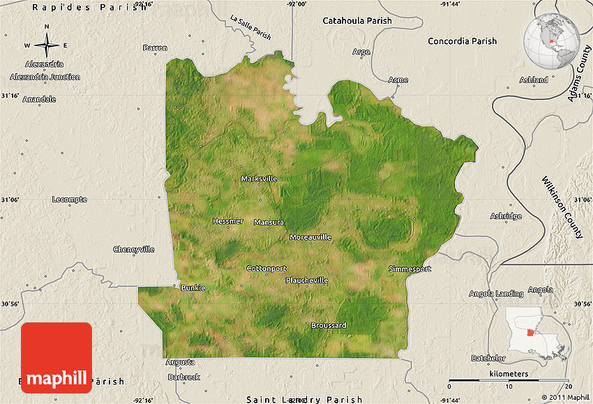 Satellite Map of Avoyelles Parish, shaded relief outside
