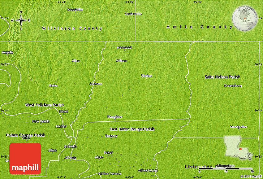 Physical Map of East Feliciana Parish
