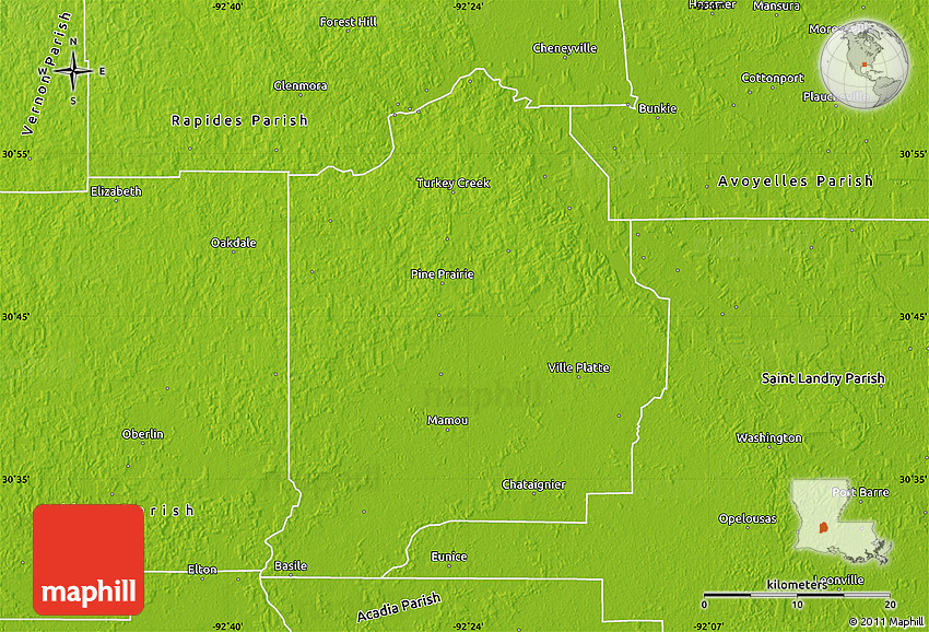 Physical Map of Evangeline Parish