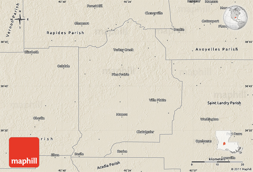 Shaded Relief Map of Evangeline Parish