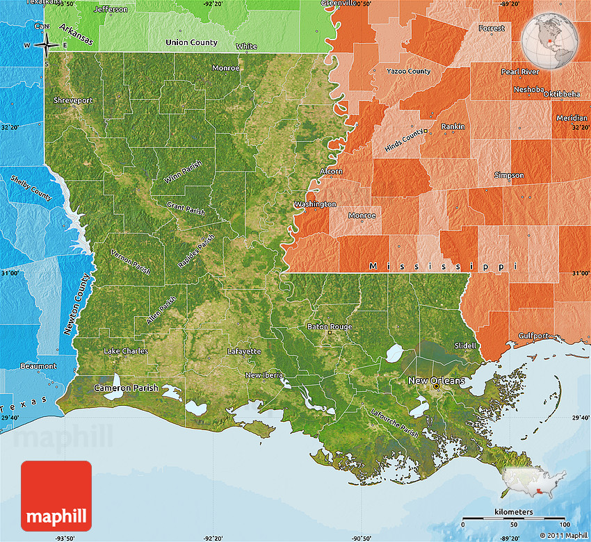 Satellite Map of Louisiana, political shades outside