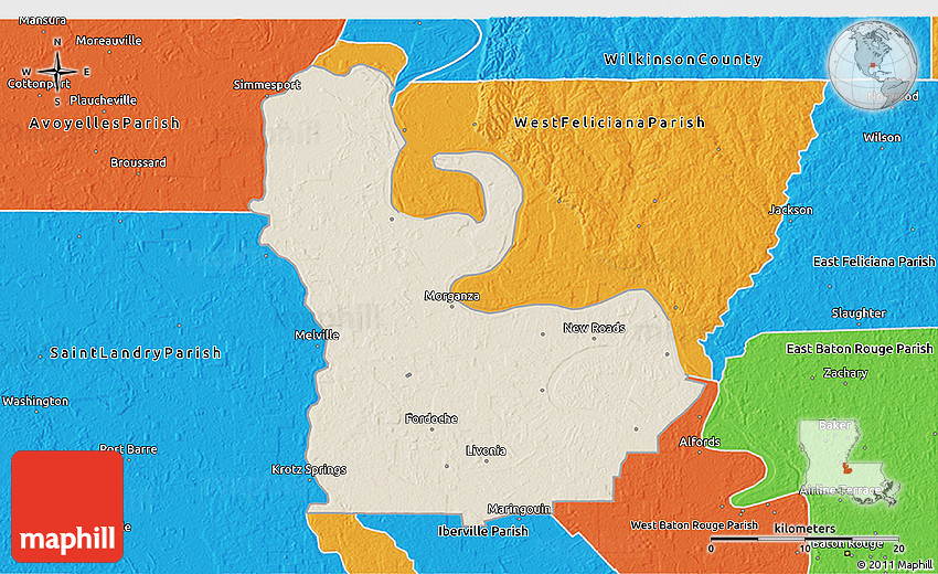 Shaded Relief 3D Map of Pointe Coupee Parish, political outside