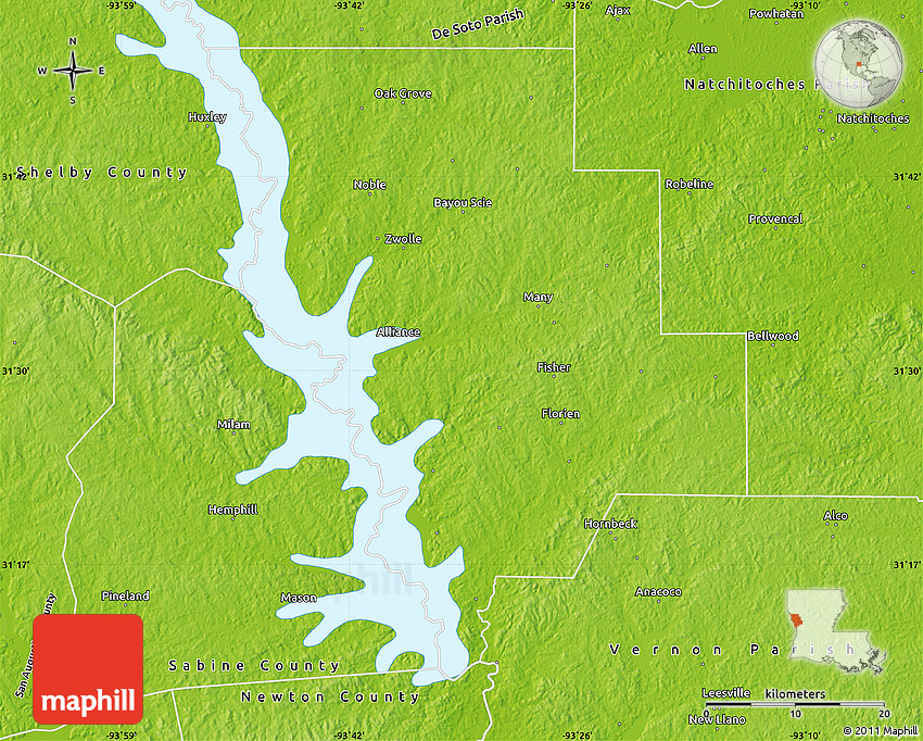 Physical Map of Sabine Parish