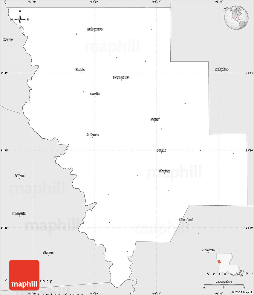 Silver Style Simple Map of Sabine Parish