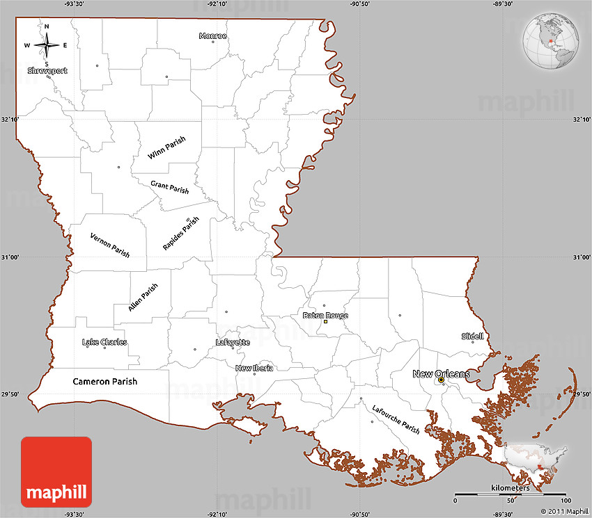 Gray Simple Map of Louisiana, cropped outside
