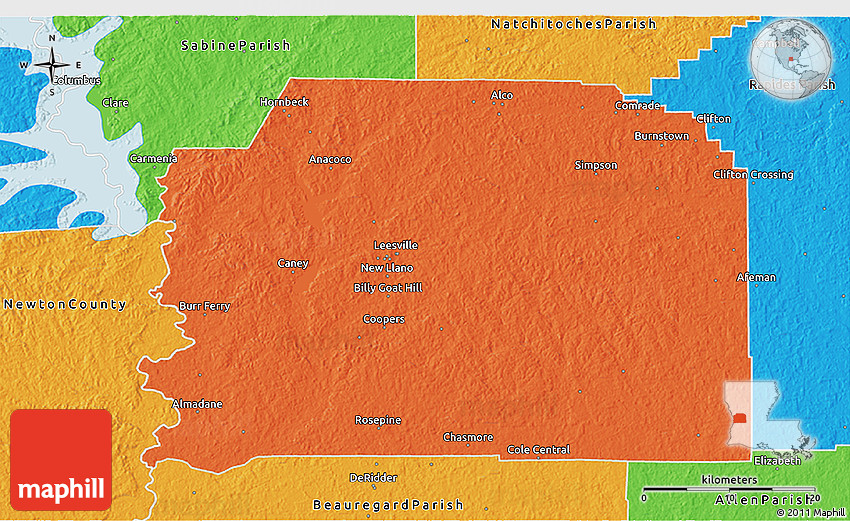 Political 3D Map of Vernon Parish