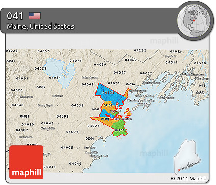 Political 3D Map of ZIP Codes Starting with 041, shaded relief outside