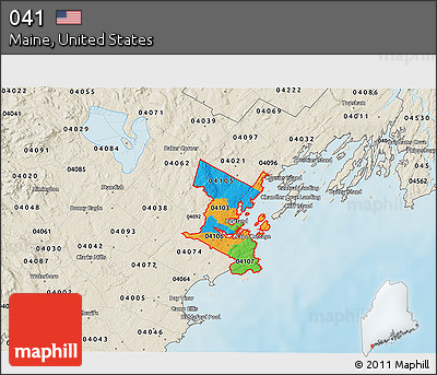 Political 3D Map of ZIP Codes Starting with 041, shaded relief outside