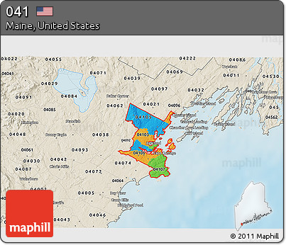 Political 3D Map of ZIP Codes Starting with 041, shaded relief outside