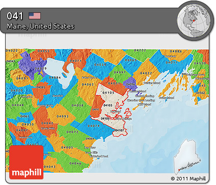 Shaded Relief 3D Map of ZIP Codes Starting with 041, political outside
