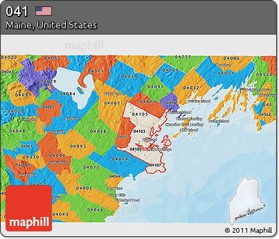 Shaded Relief 3D Map of ZIP Codes Starting with 041, political outside