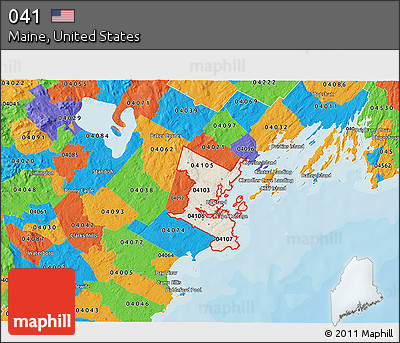 Shaded Relief 3D Map of ZIP Codes Starting with 041, political outside