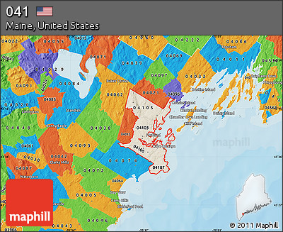 Shaded Relief Map of ZIP Codes Starting with 041, political outside