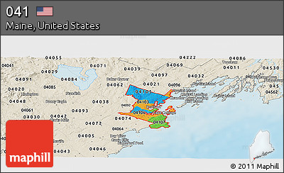 Political Panoramic Map of ZIP Codes Starting with 041, shaded relief outside
