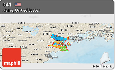 Political Panoramic Map of ZIP Codes Starting with 041, shaded relief outside