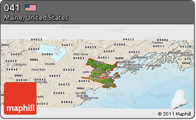 Satellite Panoramic Map of ZIP Codes Starting with 041, shaded relief outside