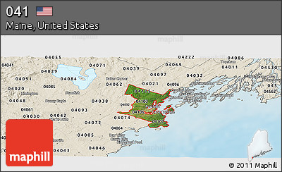 Satellite Panoramic Map of ZIP Codes Starting with 041, shaded relief outside
