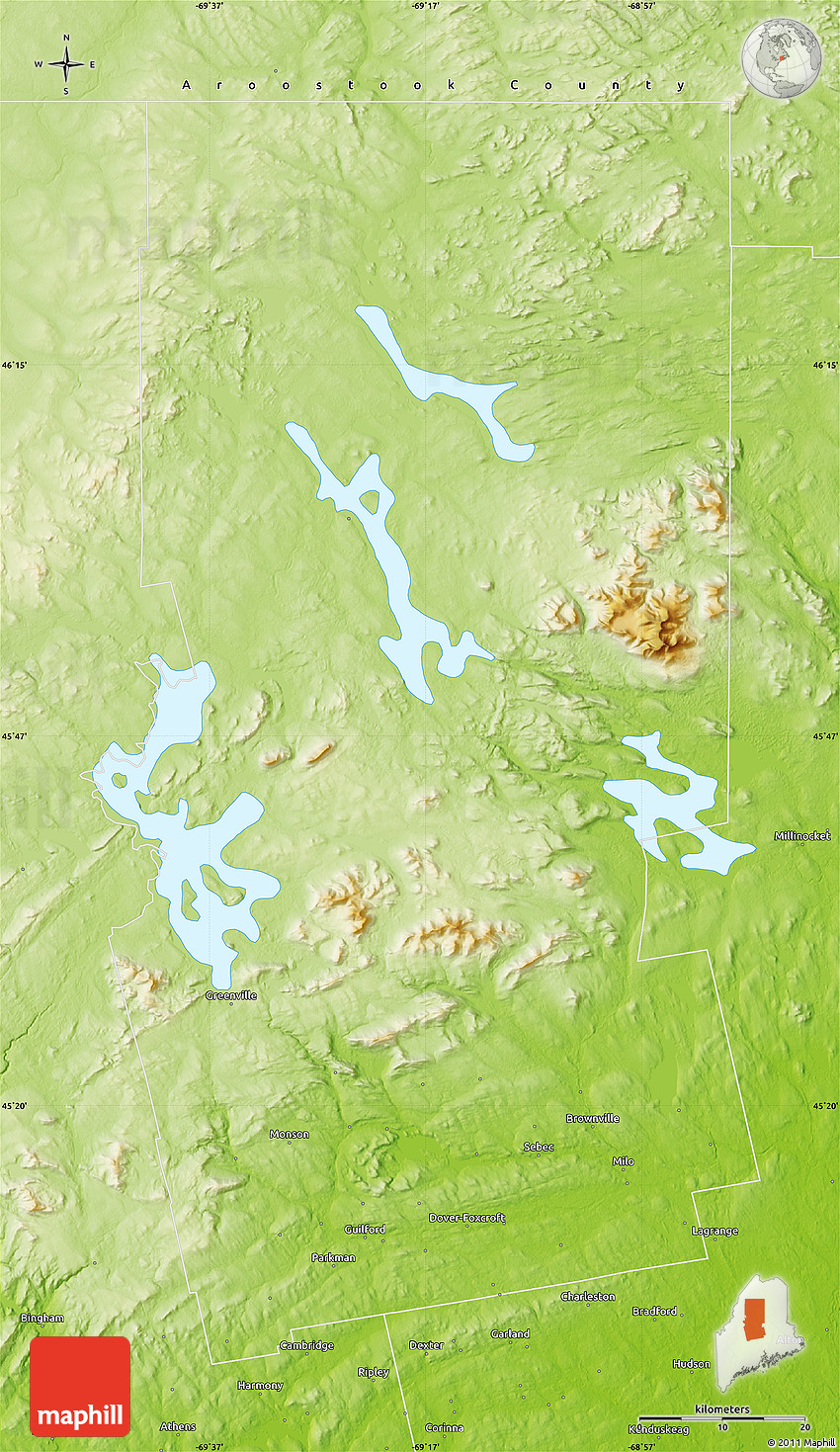 Physical Map of Piscataquis County