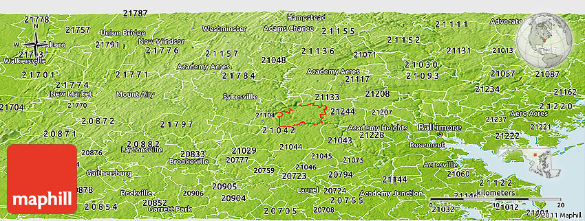 Physical Panoramic Map of ZIP Code 21163