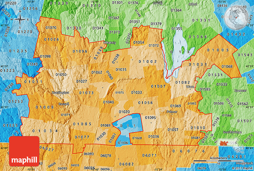 Political Shades Map of ZIP Codes Starting with 010