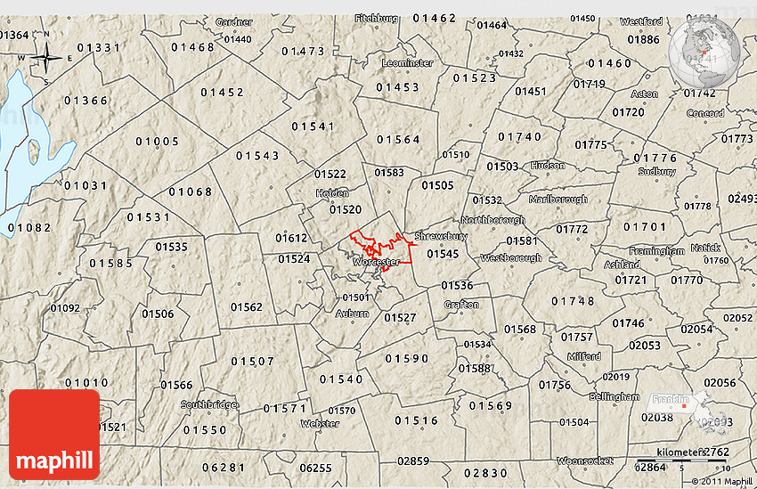 Shaded Relief 3D Map of ZIP Code 01605