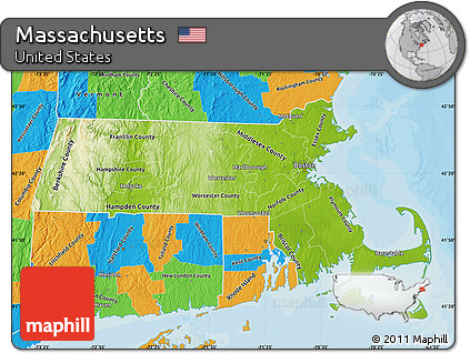 Physical Map of Massachusetts, political outside