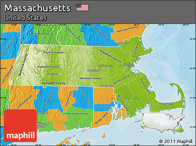 Physical Map of Massachusetts, political outside