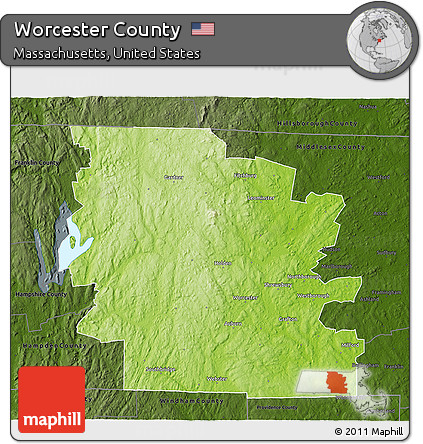 Physical 3D Map of Worcester County, darken