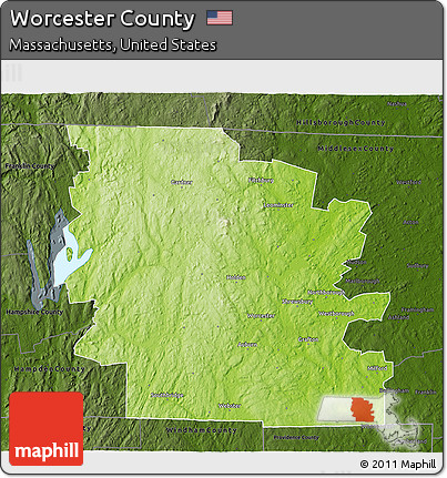 Physical 3D Map of Worcester County, darken