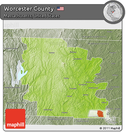 Physical 3D Map of Worcester County, semi-desaturated