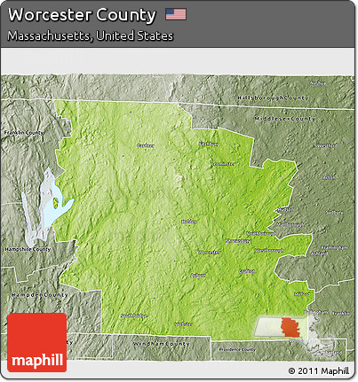Physical 3D Map of Worcester County, semi-desaturated