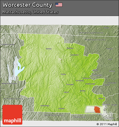 Physical 3D Map of Worcester County, semi-desaturated
