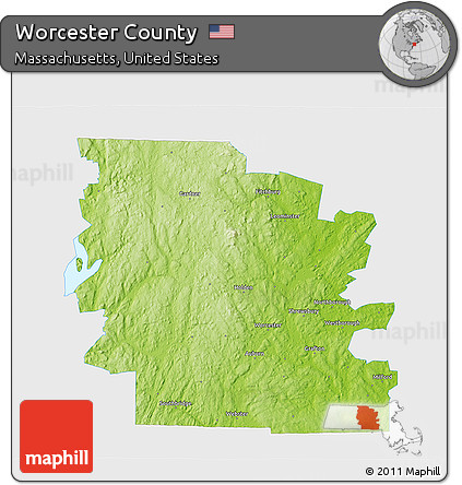 Physical 3D Map of Worcester County, single color outside