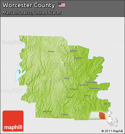 Physical 3D Map of Worcester County, single color outside