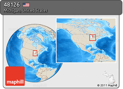 Shaded Relief Location Map of ZIP Code 48126, highlighted state, within the entire country