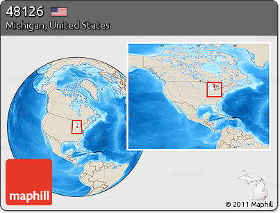 Shaded Relief Location Map of ZIP Code 48126, highlighted state, within the entire country