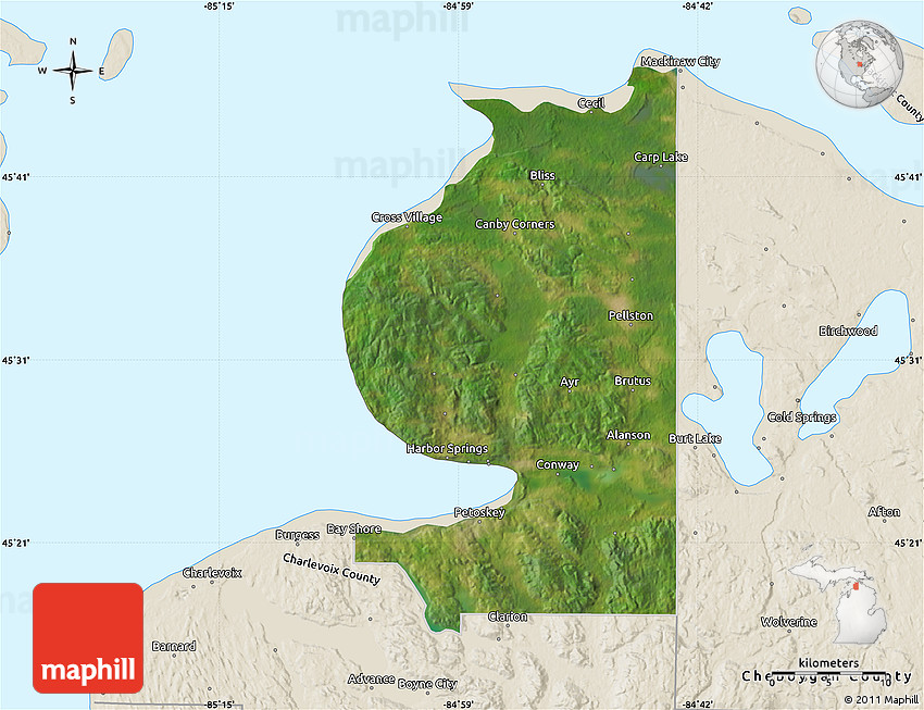 Satellite Map of Emmet County, shaded relief outside