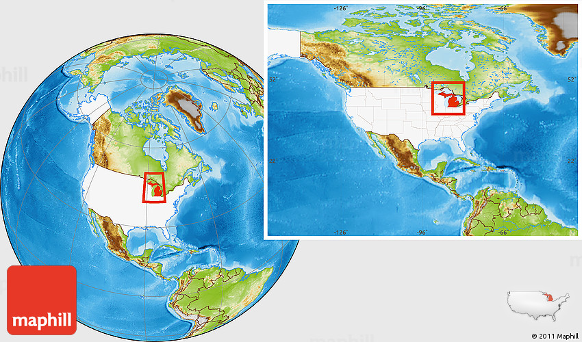 Michigan On World Map Physical Location Map Of Michigan, Highlighted Country, Within The Entire  Country