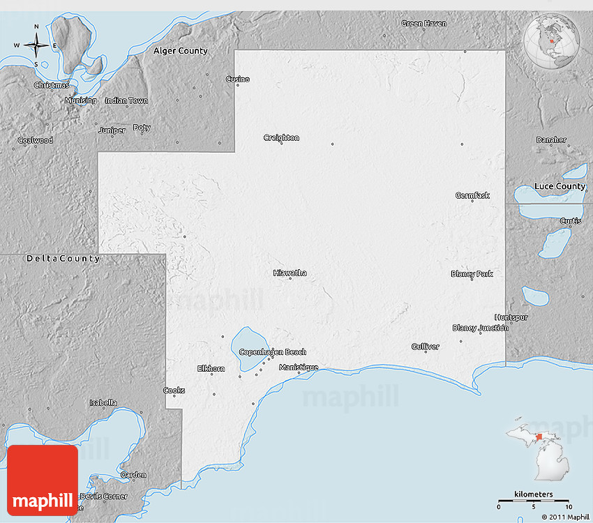 Gray 3D Map of Schoolcraft County