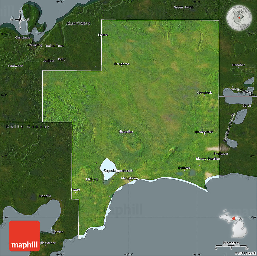 Satellite Map of Schoolcraft County, darken