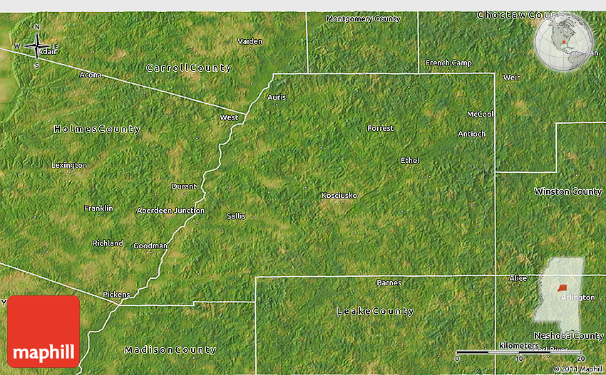 Satellite 3D Map of Attala County