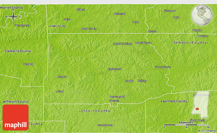 Physical 3D Map of Copiah County