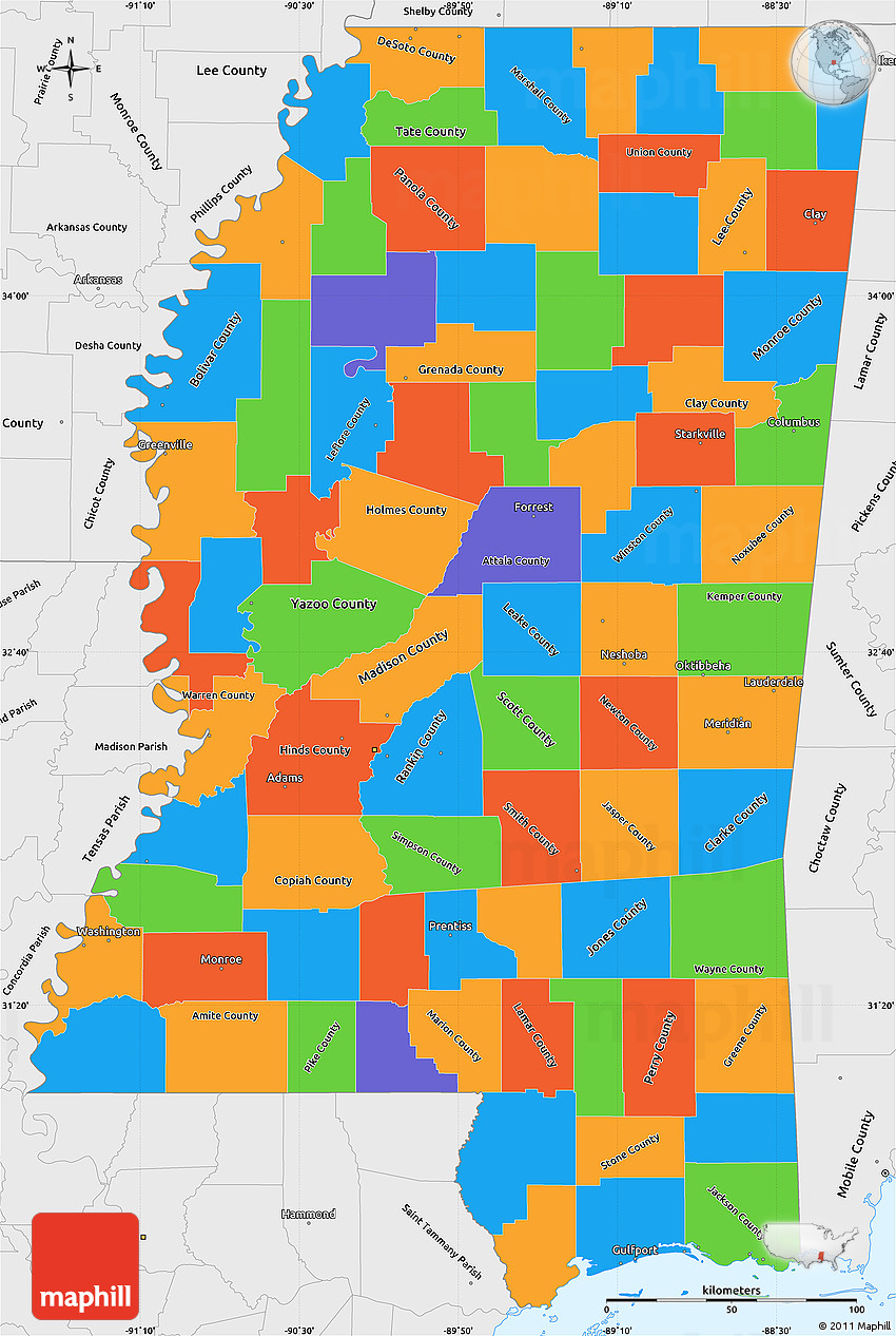 Political Simple Map of Mississippi, single color outside, borders and