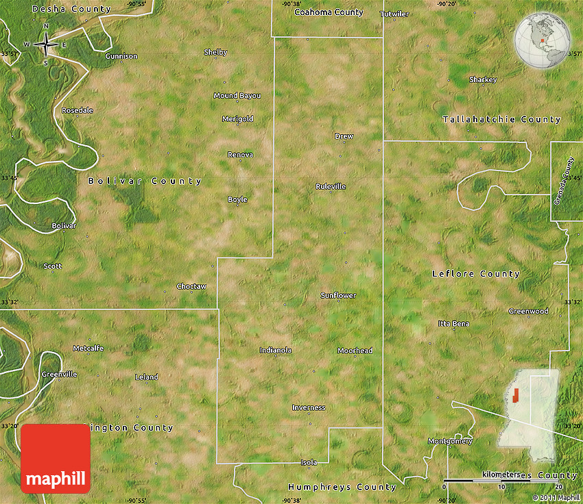 Satellite Map of Sunflower County