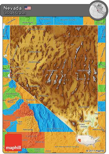 Physical Map of Nevada, political outside