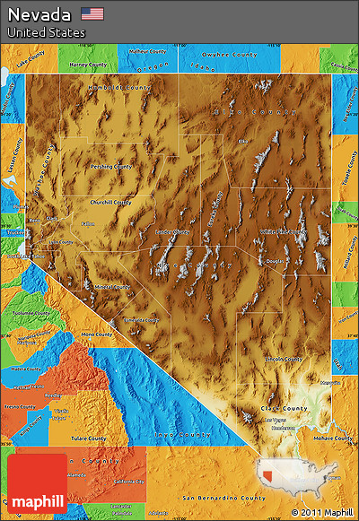 Physical Map of Nevada, political outside
