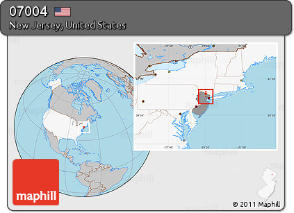 Gray Location Map of ZIP Code 07004, highlighted country, highlighted state
