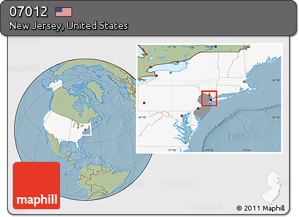 Savanna Style Location Map of ZIP Code 07012, highlighted country, highlighted state, hill shading