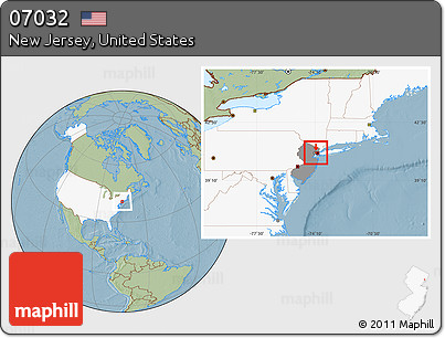 Savanna Style Location Map of ZIP Code 07032, highlighted country, highlighted state, hill shading